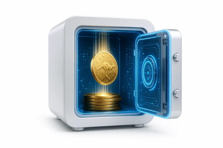 Gold coin and digital vault, deposit concept