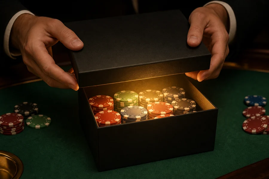 Gift box with casino chips on green felt