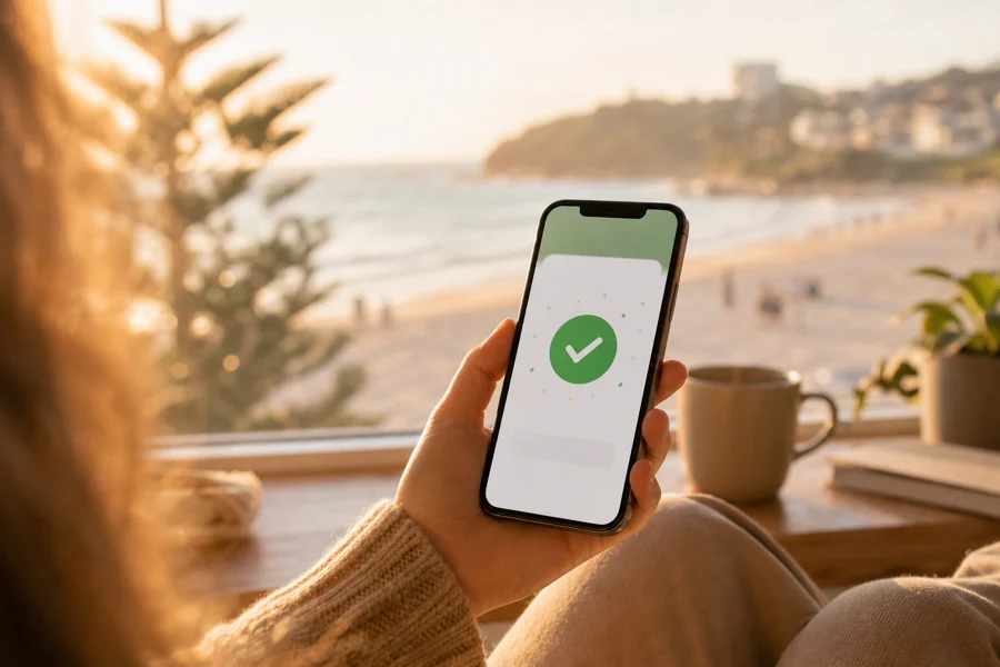 Phone with payment confirmation and coastal daylight