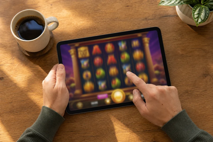 Browsing the slot lobby on a tablet