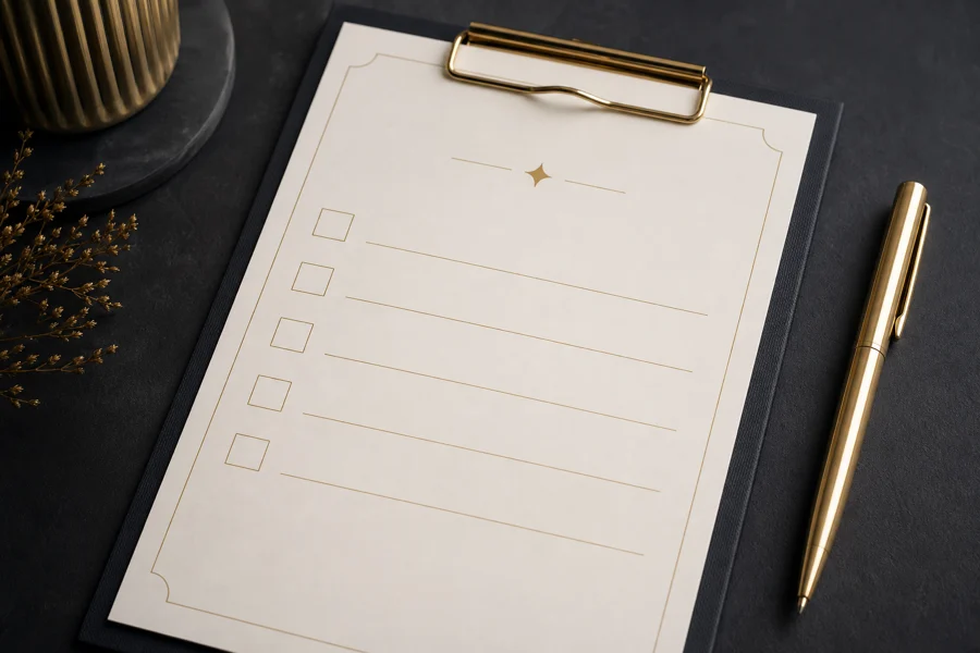 Bonus rules checklist with a gold pen